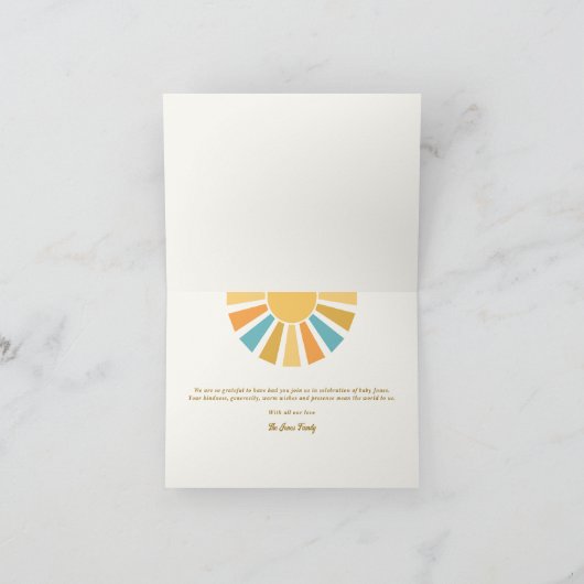 Sunshine Baby shower hier komt de zoon Bedankkaart (Binnen)