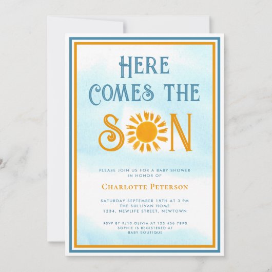 Sunshine Baby shower hier komt de zoon Kaart (Voorkant)