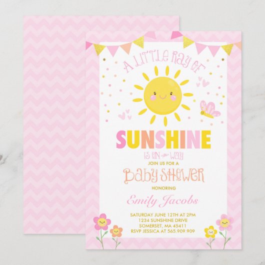 Sunshine Baby shower Invitation Girl Baby shower Kaart (Voorkant / Achterkant)