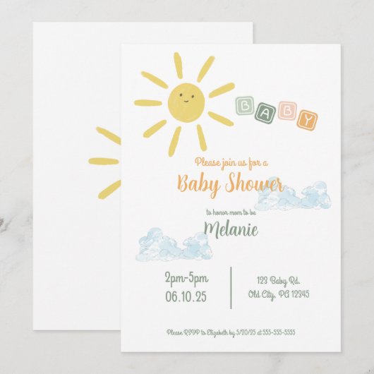 Sunshine Baby shower Invitation Kaart (Voorkant / Achterkant)