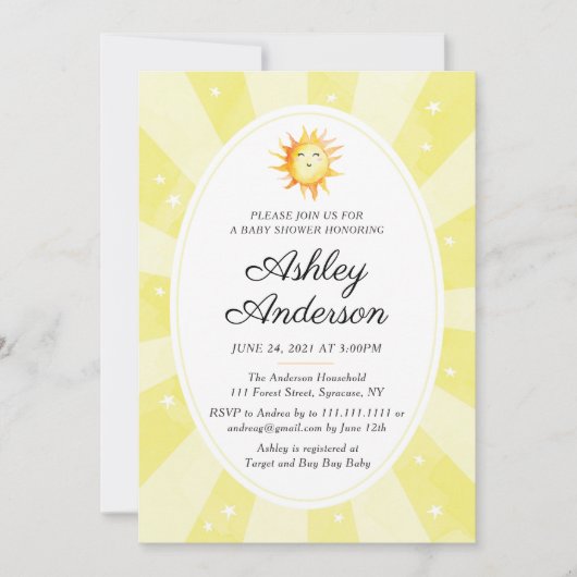 Sunshine Baby shower Invitation Kaart (Voorkant)