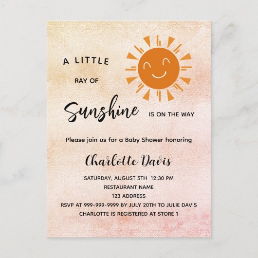 Sunshine Baby shower roze zon Uitnodiging Briefkaart (Voorkant)
