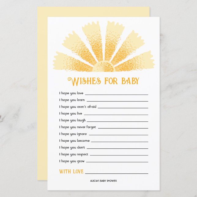 Sunshine Baby shower wensen voor Baby (Voorkant / Achterkant)