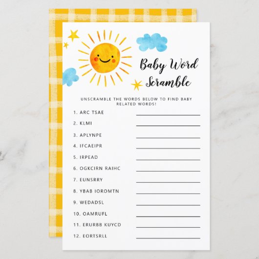 Sunshine Baby shower Word Scramble Game (Voorkant / Achterkant)