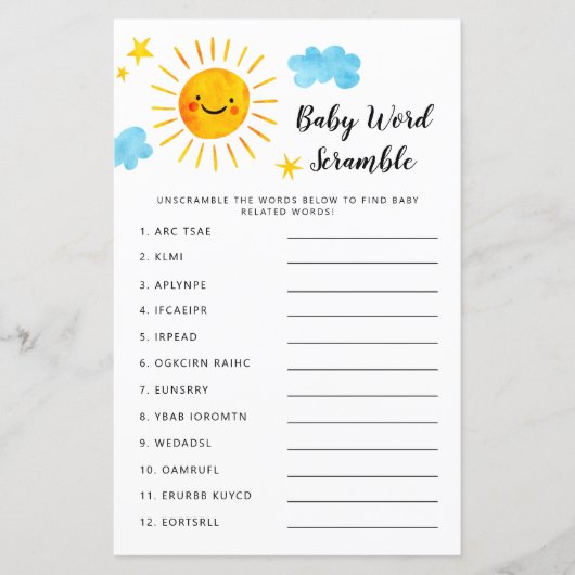 Sunshine Baby shower Word Scramble Game (Voorkant)