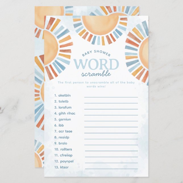 Sunshine Baby shower Word Scramble Game (Voorkant / Achterkant)