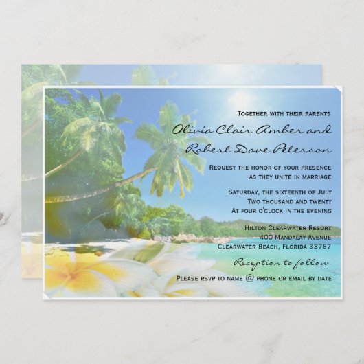 Sunshine Beach Palm Trees Plumerias Wedding Invite Kaart (Voorkant / Achterkant)