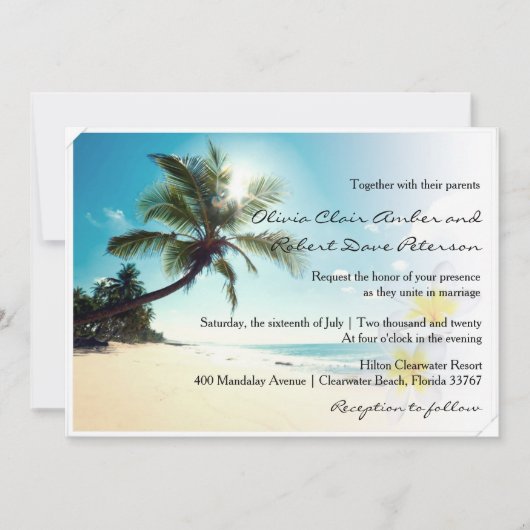 Sunshine Beach Palm Trees Plumerias Wedding Invite Kaart (Voorkant)