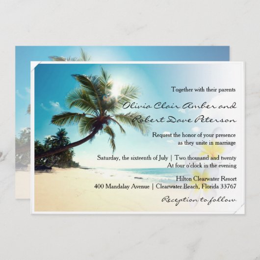 Sunshine Beach Palm Trees Plumerias Wedding Invite Kaart (Voorkant / Achterkant)