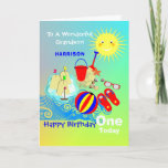 Sunshine Beach Theme Grandson Happy Birthday Kaart<br><div class="desc">Superschattige glimlachende zonneschijn boven een zeebodem van kinder emmer en ruimte langs een leuk zandkasteel; zo'n leuk en kleurrijk ontwerp dat eenvoudig kan worden aangepast met een naam,  leeftijd en bericht,  zodat je die extra speciale aanraking zonder extra kosten kunt uitvoeren.</div>