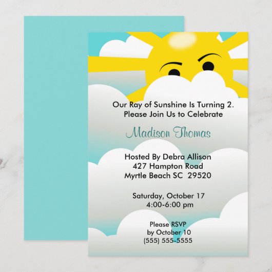 Sunshine Birthday Invitation Kaart (Voorkant / Achterkant)