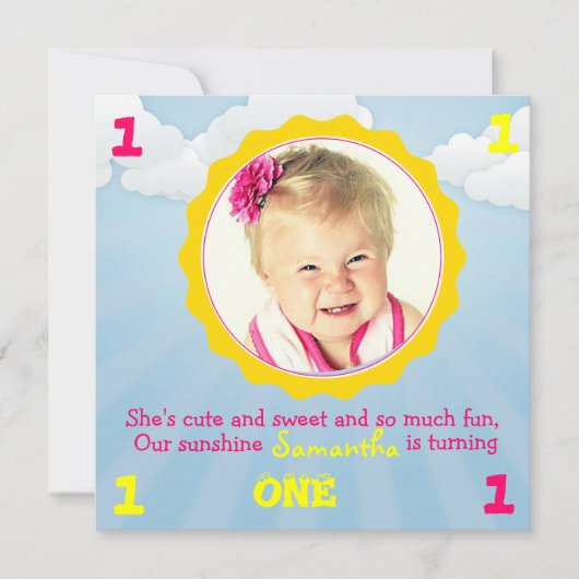 Sunshine Birthday Invite Pink & Yellow Kaart (Voorkant)