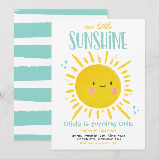 Sunshine Birthday Party Mint Our Little Sunshine Kaart (Voorkant / Achterkant)
