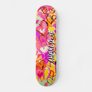 Sunshine Bliss: Gele & Roze Graffiti Harten Persoonlijk Skateboard