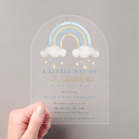 Sunshine Blue Boho Rainbow Boy Baby shower Acryl Uitnodigingen (Insitu (Draagbaar))