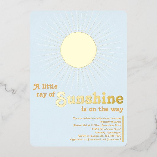 Sunshine Blue Gold Sun Baby shower Folie Uitnodiging (Voorkant)