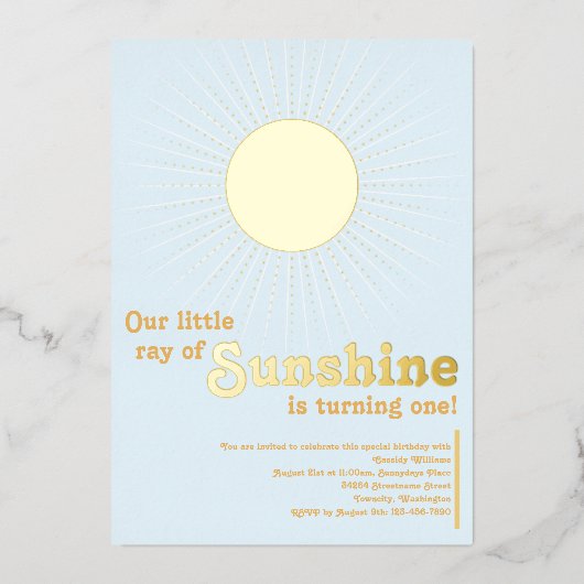 Sunshine Blue Sun First Birthday Folie Uitnodiging (Voorkant)