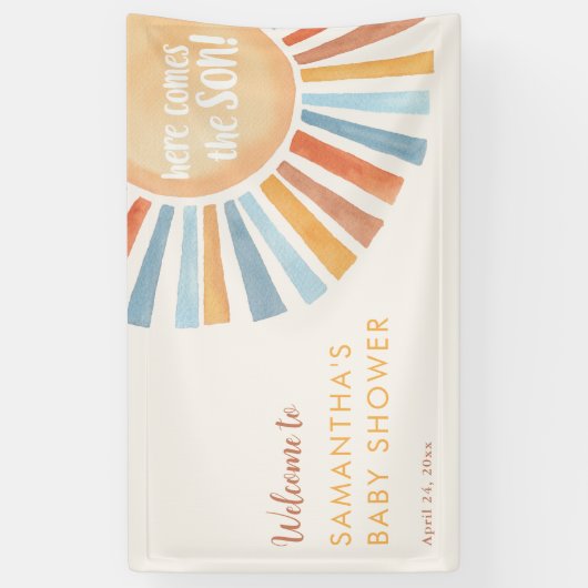 Sunshine boho boy baby shower hier komt de zoon spandoek (Verticaal)