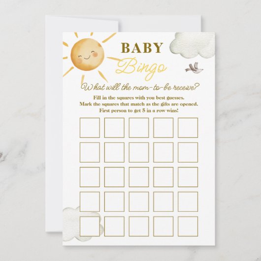 Sunshine Boho Sun Gender-Neutral Baby Bingo Card Notitiekaartje (Voorkant)