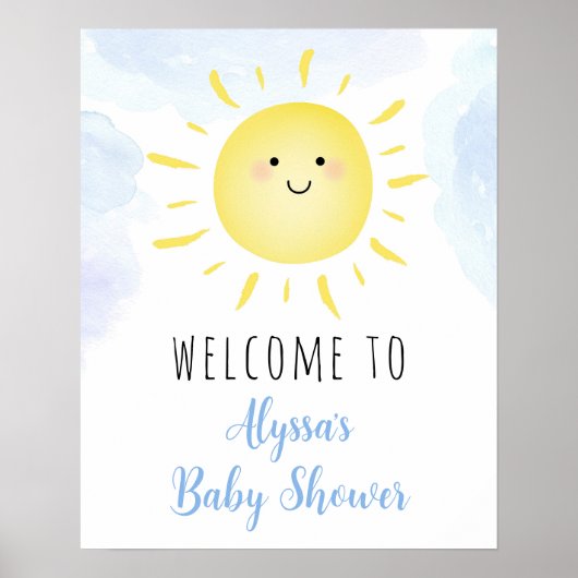 Sunshine Clouds Blue Boy Baby shower Welkom Poster (Voorkant)