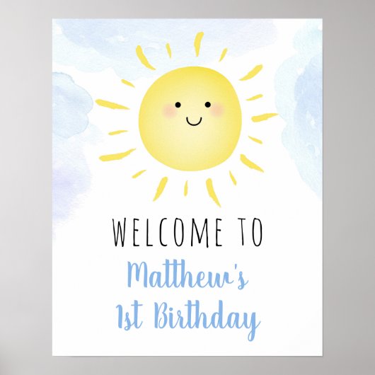 Sunshine Clouds Blue Boy Birthday Welkom Poster (Voorkant)