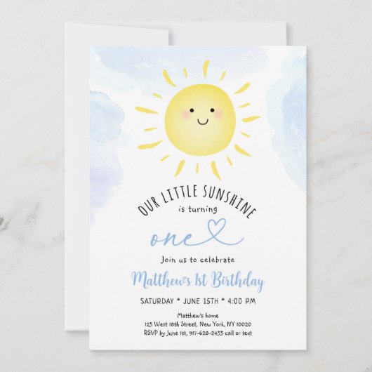 Sunshine Clouds Blue Boy First Birthday Kaart (Voorkant)