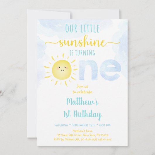 Sunshine Clouds Blue Boy First Birthday Kaart (Voorkant)
