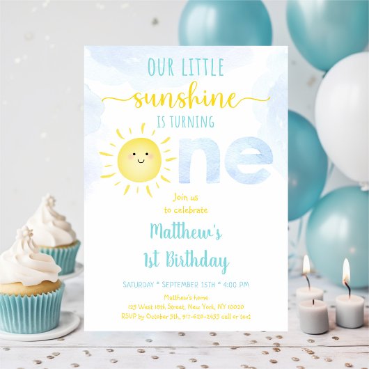 Sunshine Clouds Blue Boy First Birthday Kaart