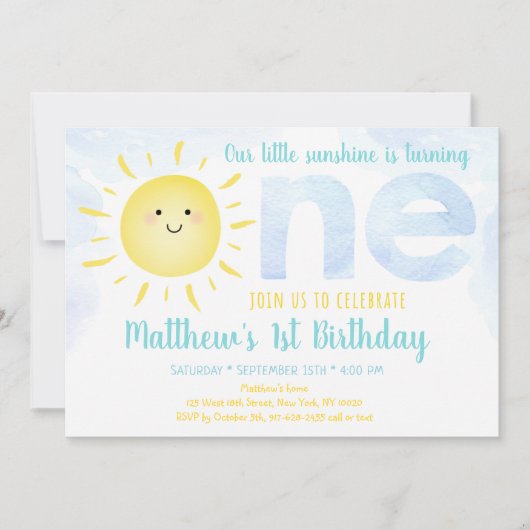 Sunshine Clouds Boy Blue First Birthday Kaart (Voorkant)