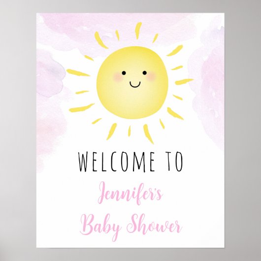 Sunshine Clouds Pink Girl Baby shower Welkom Poster (Voorkant)