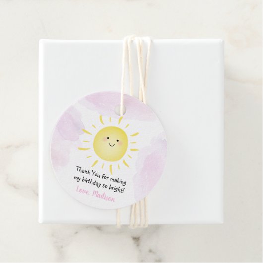Sunshine Clouds Pink Girl Birthday Bedankjes Labels (In situ)
