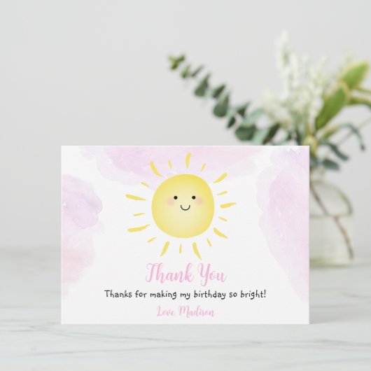 Sunshine Clouds Pink Girl Birthday Hartelijk dank Bedankkaart (Staand voorkant)
