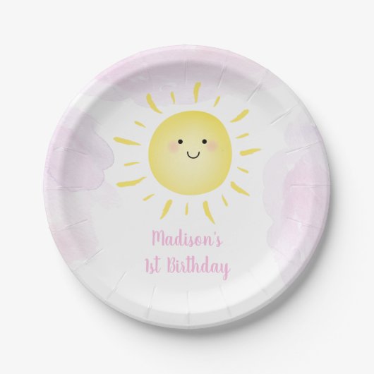 Sunshine Clouds Pink Girl Birthday Papieren Bordje (Voorkant)