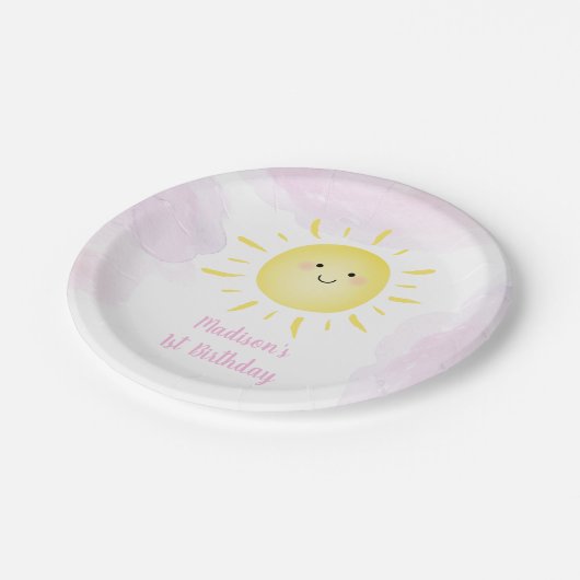 Sunshine Clouds Pink Girl Birthday Papieren Bordje (Gekanteld)