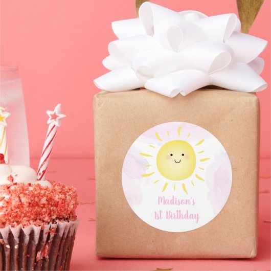 Sunshine Clouds Pink Girl Birthday Ronde Sticker (Feest)