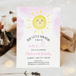 Sunshine Clouds Pink Girl First Birthday Kaart<br><div class="desc">Dit schattige ontwerp is voorzien van een met de hand getekende zonneschijn en waterverf wolken.</div>