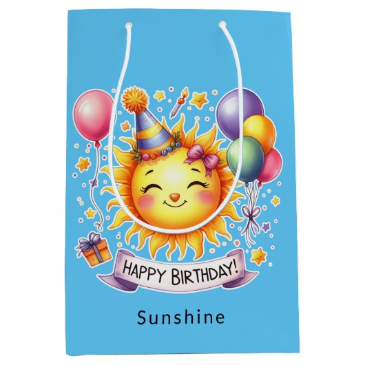 Sunshine Custom Naam Happy Birthday Blue Medium Cadeauzakje (Voorkant)