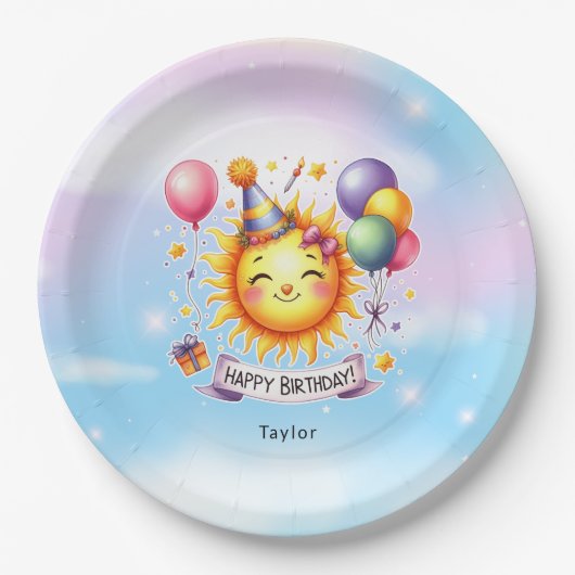 Sunshine Custom Naam Happy Birthday Paper Borden Papieren Bordje (Voorkant)