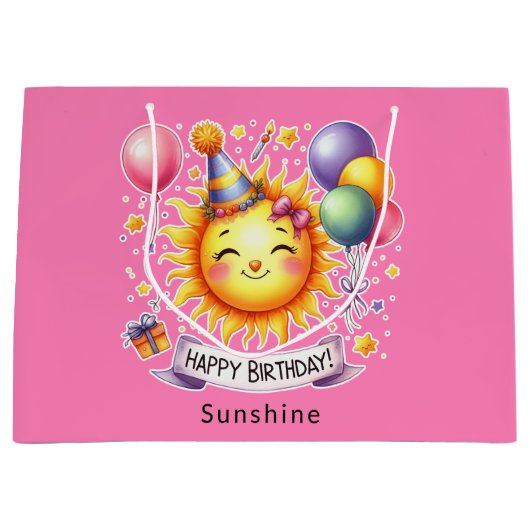 Sunshine Custom Naam Happy Birthday Pink Groot Cadeauzakje (Voorkant)