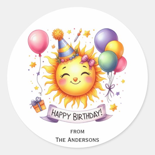 Sunshine Custom Naam Happy Birthday Ronde Sticker (Voorkant)