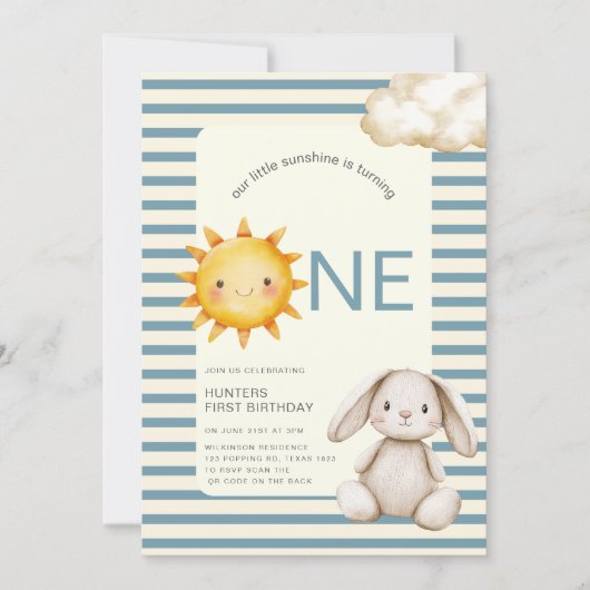 Sunshine Cute Bunny First Birthday OR code Kaart (Voorkant)