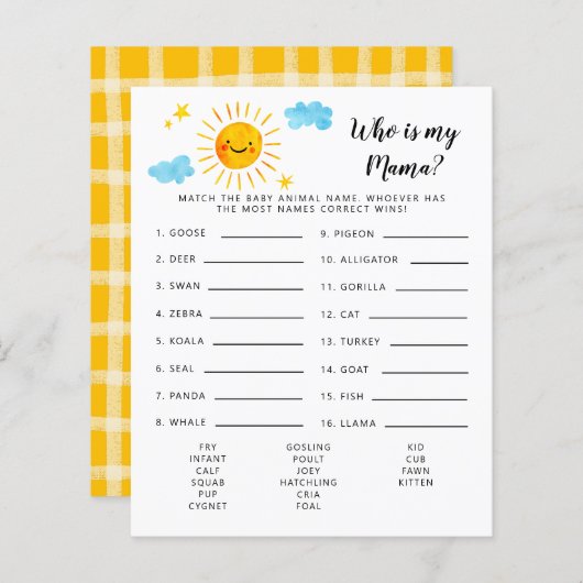 Sunshine die mijn mama Baby shower Game is (Voorkant / Achterkant)