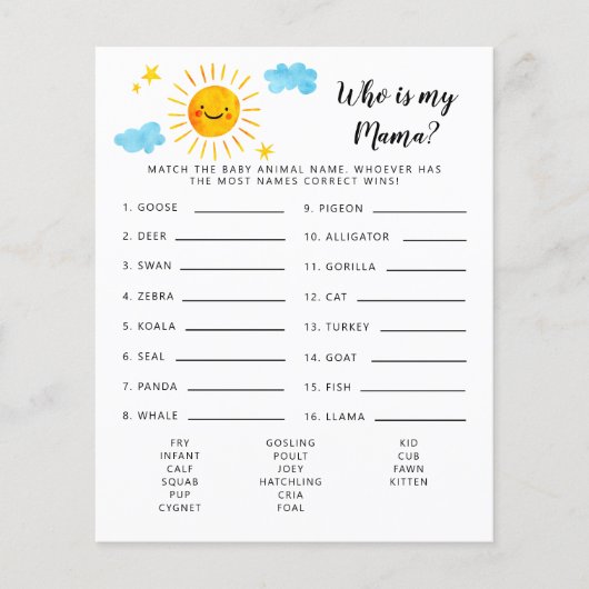 Sunshine die mijn mama Baby shower Game is (Voorkant)