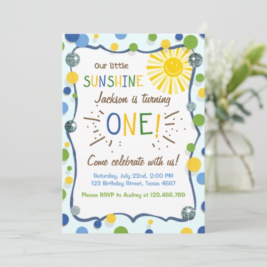 Sunshine Eerste Verjaardagsfeestuitnodiging Kaart (Staand voorkant)
