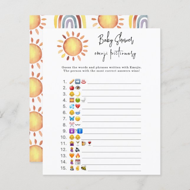 Sunshine Emoji afbeelding game baby shower (Voorkant / Achterkant)