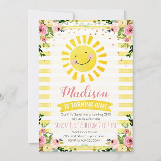 Sunshine First Birthday Invitation, Sun Birthday Kaart (Voorkant)