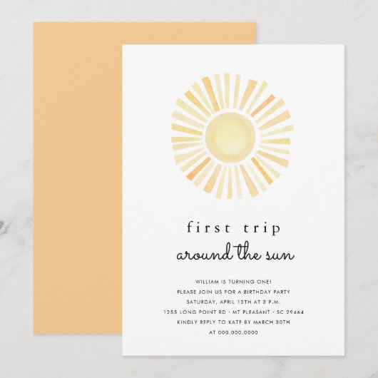 Sunshine First Trip rond Sun One Birthday Party Kaart (Voorkant / Achterkant)