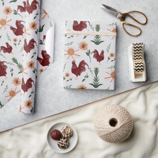 Sunshine Folk Art Rooster Patroon Cadeaupapier (Crafts)