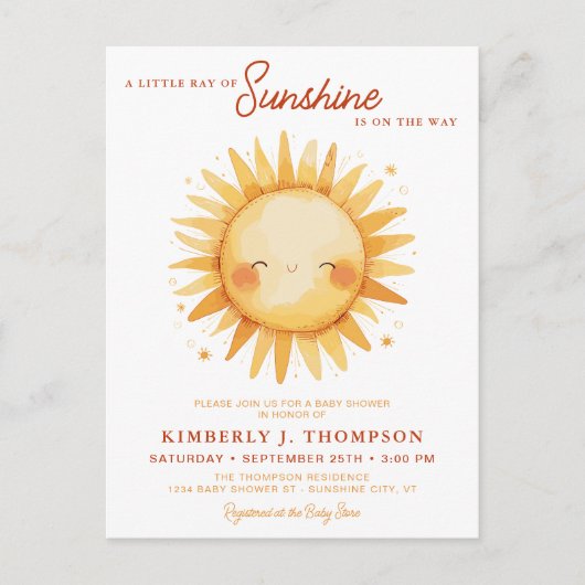 Sunshine Gender Neutral Boho Cute Sun Baby Shower Uitnodiging Briefkaart (Voorkant)