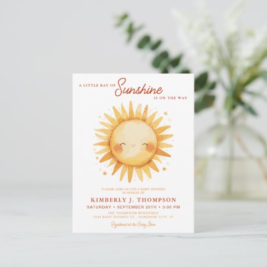Sunshine Gender Neutral Boho Cute Sun Baby Shower Uitnodiging Briefkaart (Staand voorkant)